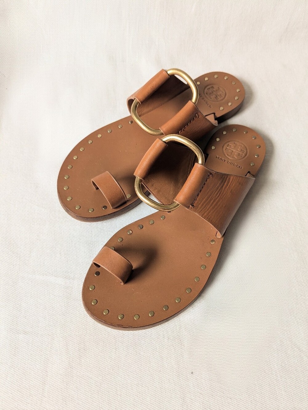 Tory Burch Ravello Tan Brown Leather O-Ring Studded Slide Sandals